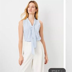Ann Taylor Blue and White Striped Blouse, NEW WITH TAGS, Sleeveless, Tie Neck